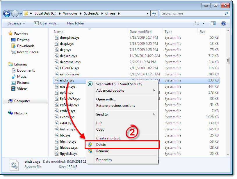 چگونه می توانم درایور ehdrv را با استفاده از Device Manager در Microsoft Windows حذف کنم؟