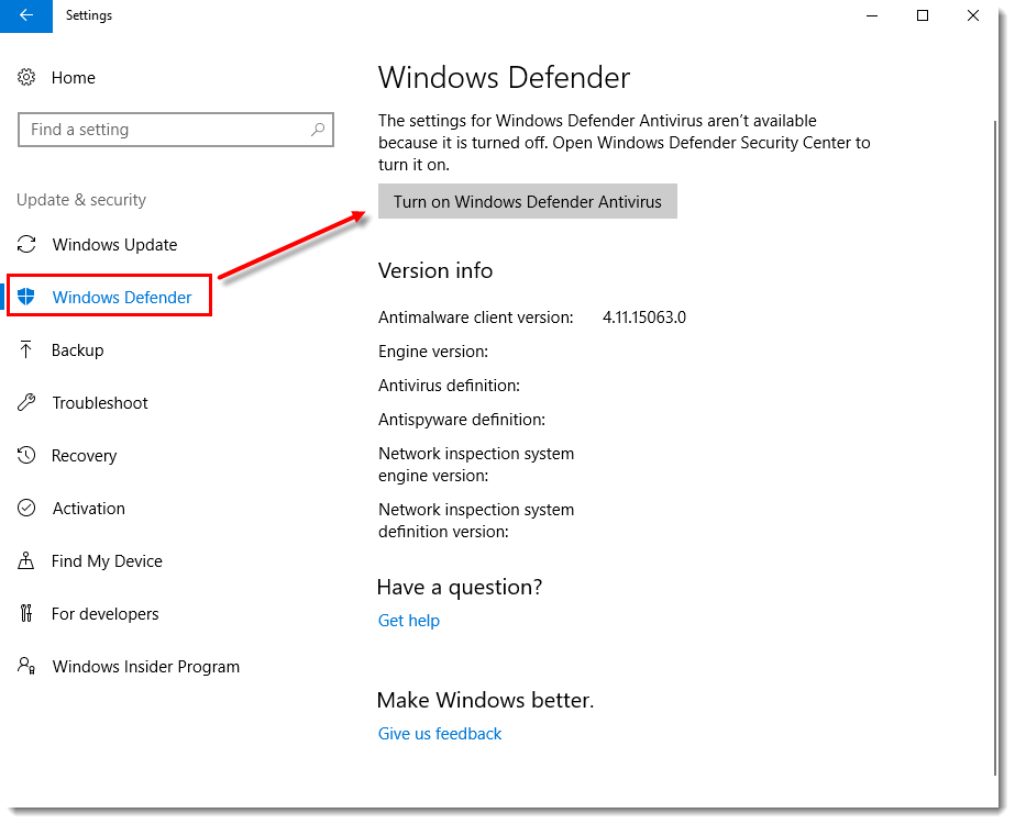 windows defender will not turn on