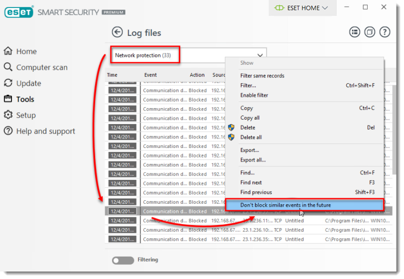 [KB6531] Create a firewall rule from the log files in your ESET Windows