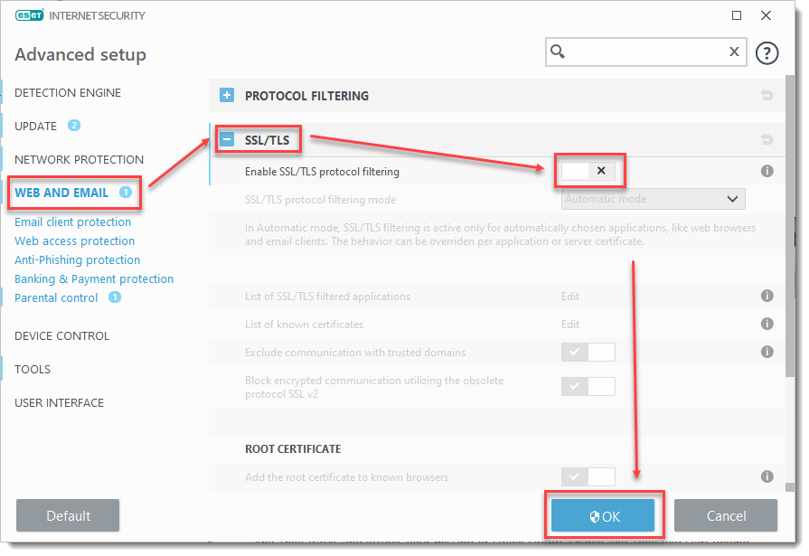 KB3126] Disable SSL filtering in ESET Windows home products (14.x)