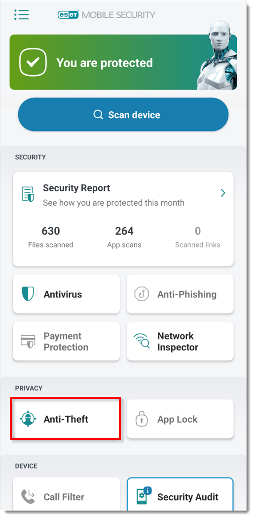 Resgatar código, ESET Mobile Security