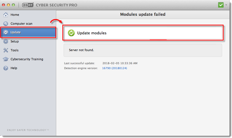 خطا در دانلود فایل و نمی‌توان ماژول‌ها را در ESET Cyber ​​Security یا ESET Cyber ​​Security Pro به‌روزرسانی کرد