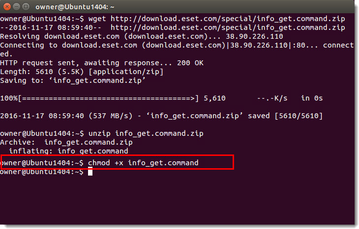 دستور Info_get.command را روی یک ماشین لینوکس اجرا کنید و گزارش‌ها را به پشتیبانی فنی ESET ارسال کنید