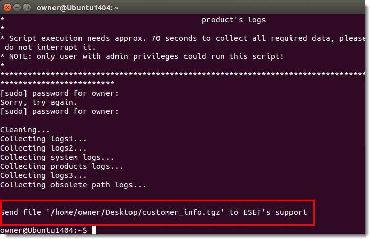 دستور Info_get.command را روی یک ماشین لینوکس اجرا کنید و گزارش‌ها را به پشتیبانی فنی ESET ارسال کنید