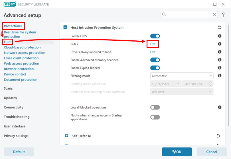ESET Advanced setup window with &lsquo;Protections&rsquo; selected in the left menu and &lsquo;HIPS&rsquo; highlighted. A red arrow points to the &lsquo;Edit&rsquo; button next to &lsquo;Rules&rsquo; under the Host Intrusion Prevention System section.