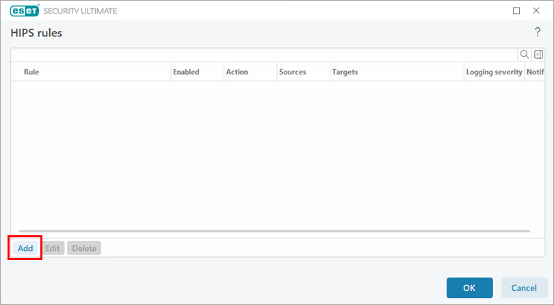 ESET Security Ultimate window titled &lsquo;HIPS rules&rsquo; showing an empty list of rules. The &lsquo;Add&rsquo; button in the lower-left corner is highlighted with a red box.