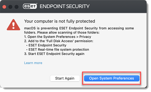 اجازه دسترسی کامل به دیسک را برای محصول ESET خود برای macOS بدهید