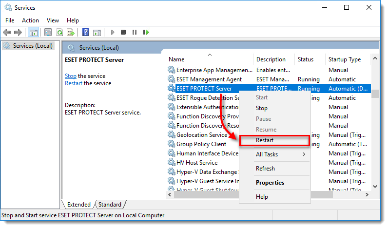 سرویس ESET PROTECT Server را متوقف یا راه اندازی مجدد کنید